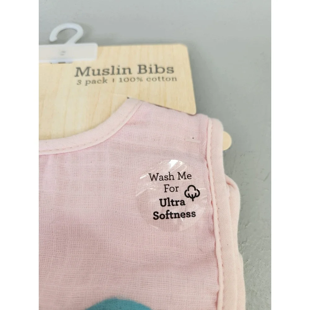 Modern Baby 3 Pack Muslin Bibs Kids OS Pink Unicorn Rainbow Cotton Lightweight